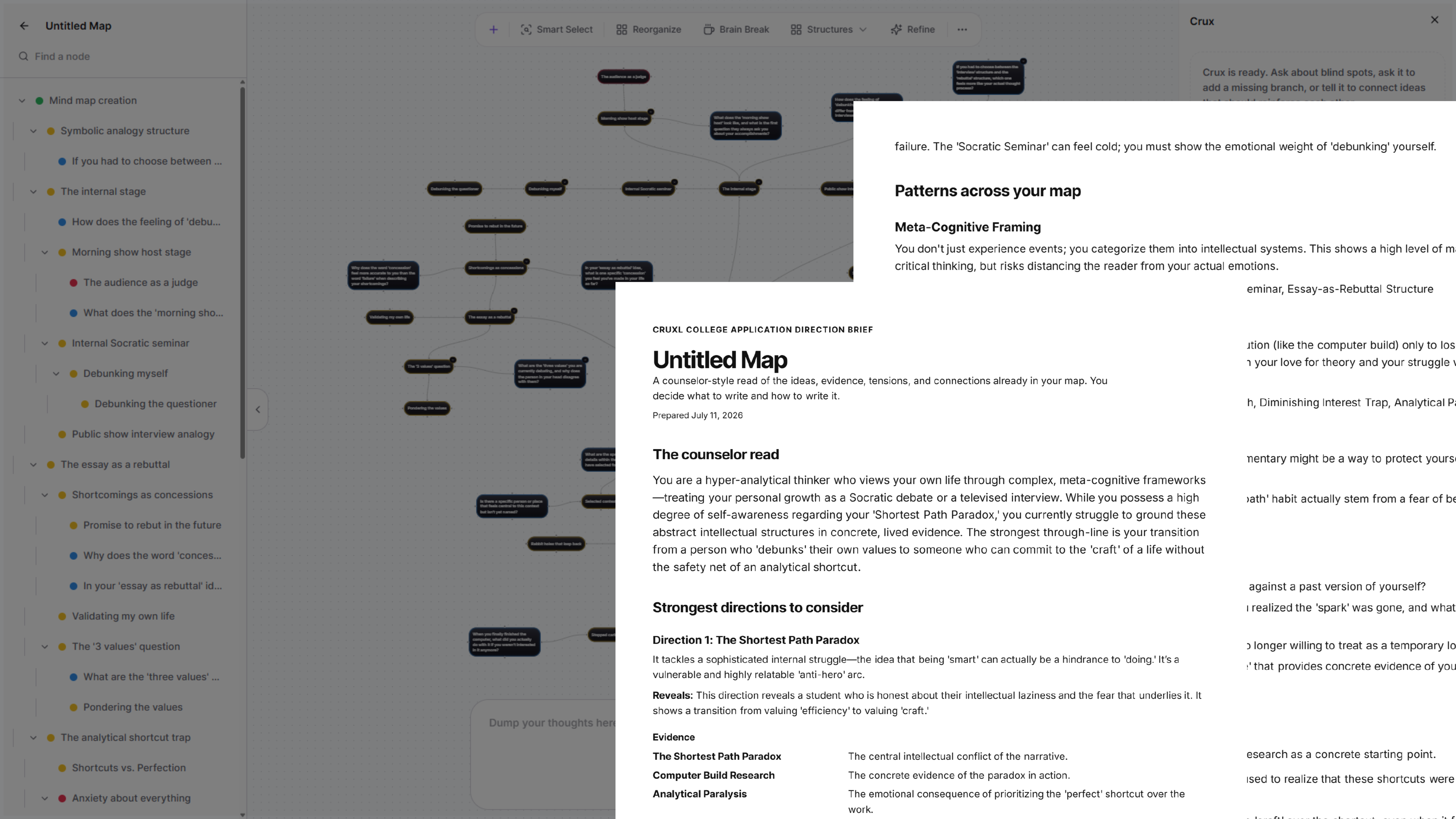 Cruxl college application direction brief built from a student's mind map.