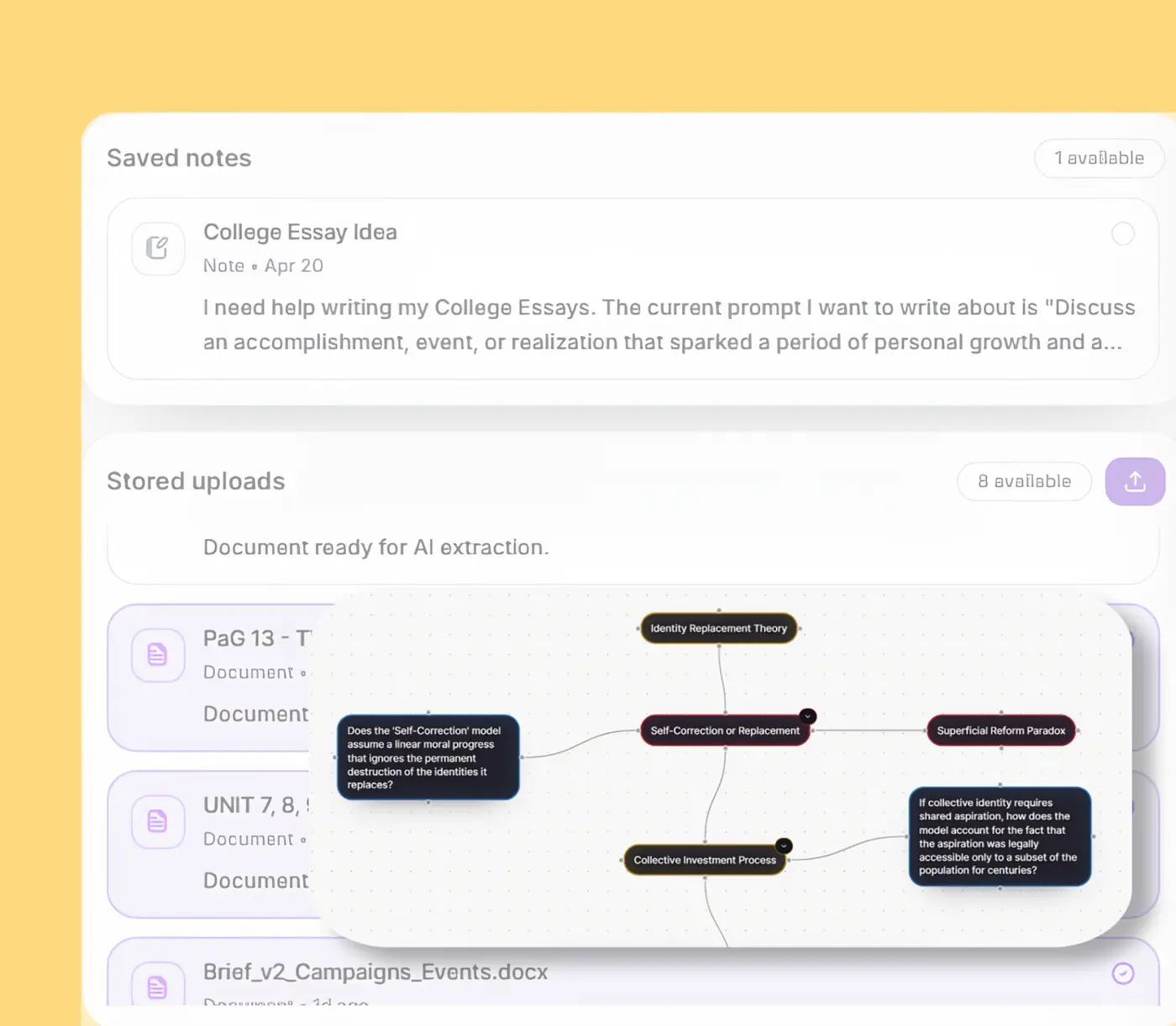 Cruxl stored uploads with a document selected as context for an editable mind map.